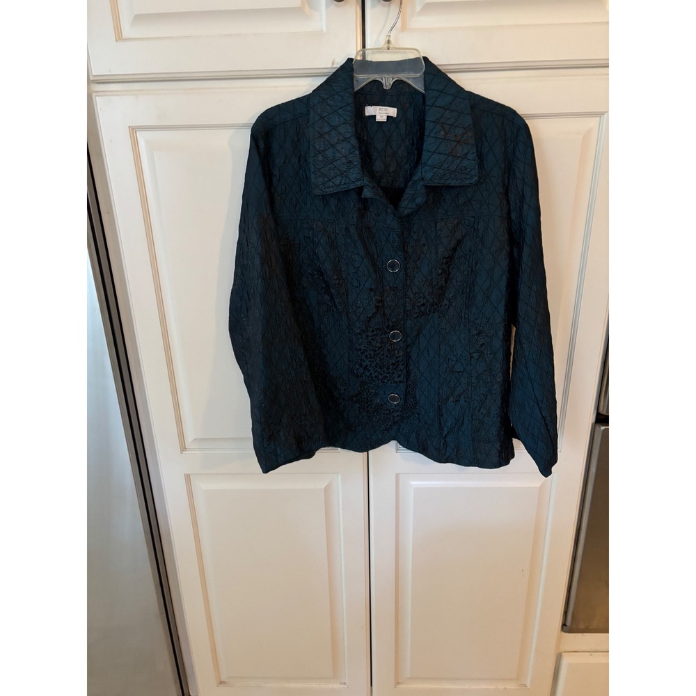 Erin by Erin London Teal Blue Quilted Animal Print Button Front Jacket Womens 1X